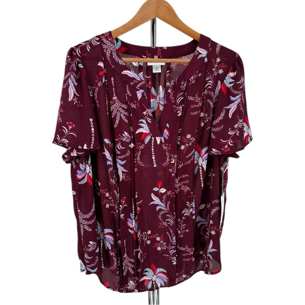 Liz Claiborne Plus Womens Split Crew Neck Short Sleeve Blouse Cherry Palms 0X - Picture 3 of 11